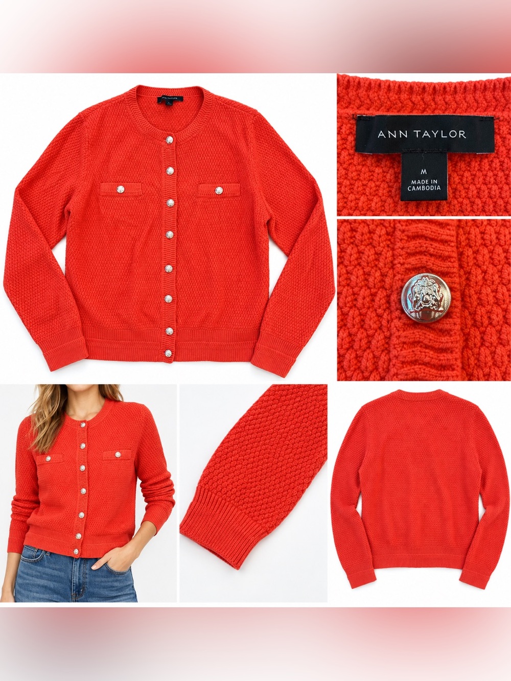 Ann Taylor Coral Red Textured Knit Cardigan Gold Buttons Size Medium